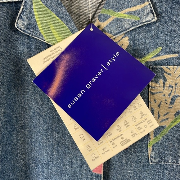 Susan Graver Denim Button Down Floral Short Sleeve Blouse Womens L 1 Pocket - Picture 7 of 8